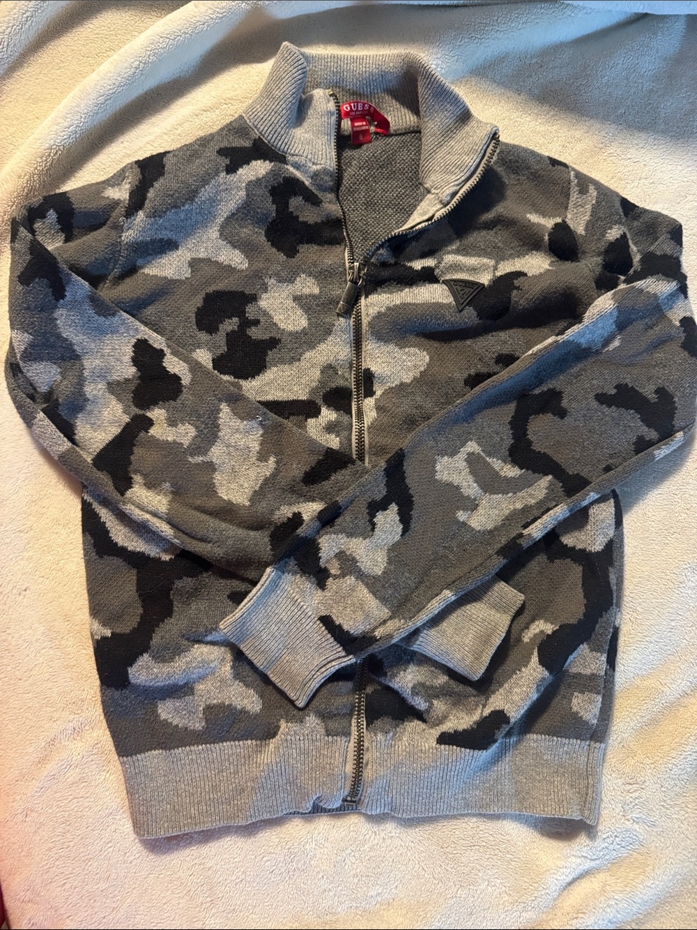 Guess Gray & Black Camo Zip Cardigan Sweater